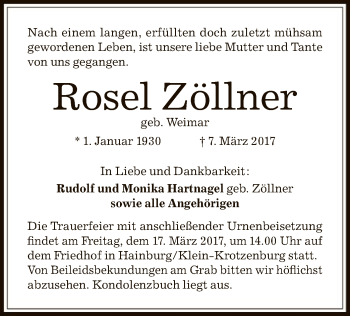 Todesanzeige von Rosel Zöllner von Offenbach
