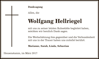 Todesanzeige von Wolfgang Hellriegel von Offenbach