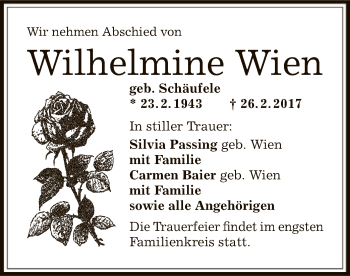 Todesanzeige von Wilhelmine Wien von Offenbach