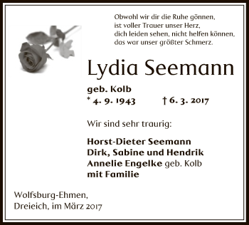 Todesanzeige von Lydia Seemann von Offenbach