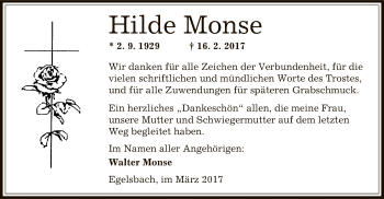 Todesanzeige von Hilde Monse von Offenbach
