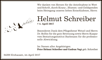 Todesanzeige von Helmut Schreiber von Offenbach