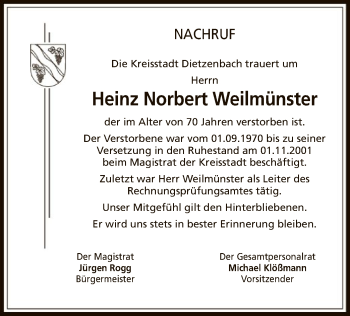 Todesanzeige von Heinz Norbert Weilmünster von Offenbach