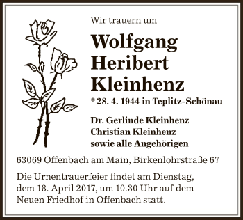 Todesanzeige von Wolfgang Heribert Kleinhenz von Offenbach