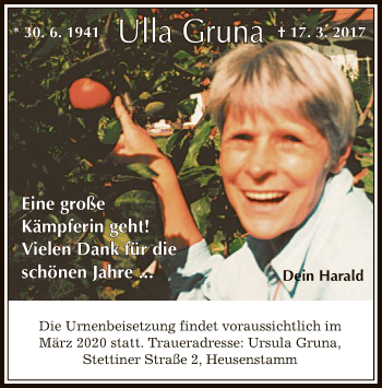 Todesanzeige von Ulla Gruna von Offenbach