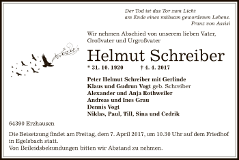 Todesanzeige von Helmut Schreiber von Offenbach