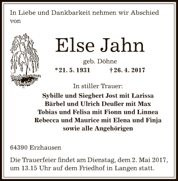 Todesanzeige von Else Jahn von Offenbach