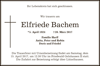 Todesanzeige von Elfriede Bachem von Offenbach