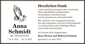 Todesanzeige von Anna Schmidt von Offenbach