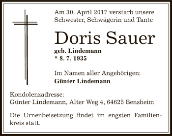 Todesanzeige von Doris Sauer von Offenbach