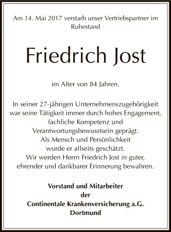 Todesanzeige von Friedrich Jost von Offenbach