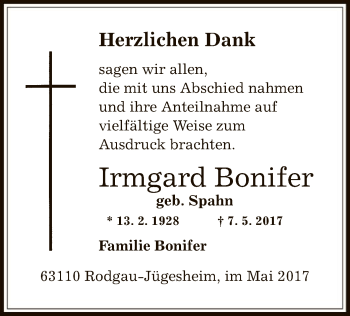 Todesanzeige von Irmgard Bonifer von Offenbach