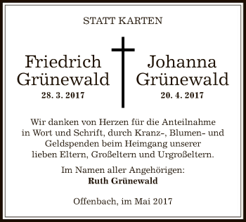 Todesanzeige von Friedrich und Johanna Grünewald von Offenbach