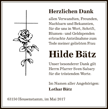 Todesanzeige von Hilde Bätz von Offenbach