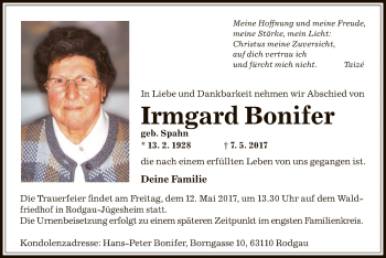 Todesanzeige von Irmgard Bonifer von Offenbach