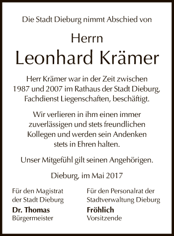 Todesanzeige von Leonhard Krämer von Offenbach