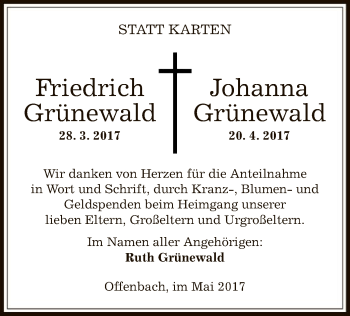 Todesanzeige von Friedrich und Johanna Grünewald von Offenbach