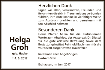 Todesanzeige von Helga Groh von Offenbach
