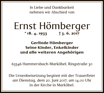 Todesanzeige von Ernst Hömberger von Offenbach