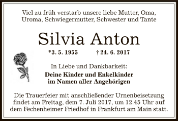 Todesanzeige von Silvia Anton von Offenbach