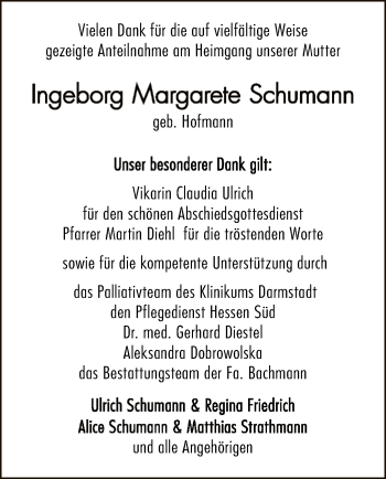 Todesanzeige von Ingeborg Margarete Schumann von Offenbach