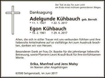 Todesanzeige von Adelgunde und Egon Kühbauch von Offenbach