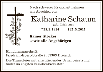 Todesanzeige von Katharine Schaum von Offenbach