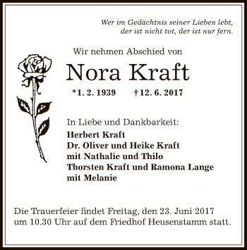 Todesanzeige von Nora Kraft von Offenbach
