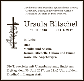 Todesanzeige von Ursula Ritschel von Offenbach