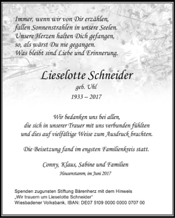 Todesanzeige von Lieselotte Schneider von Offenbach