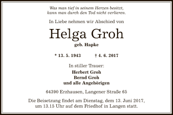 Todesanzeige von Helga Groh von Offenbach