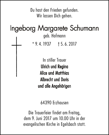 Todesanzeige von Ingeborg Margarete Schumann von Offenbach