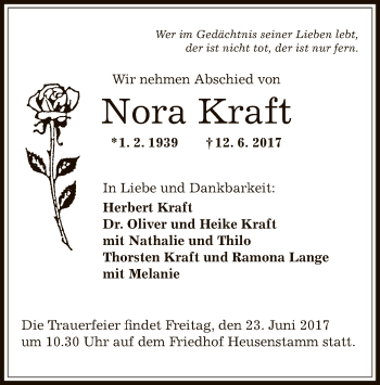 Todesanzeige von Nora Kraft von Offenbach