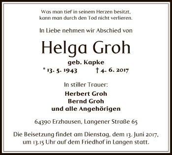 Todesanzeige von Helga Groh von Offenbach