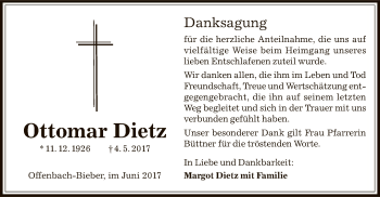 Todesanzeige von Ottomar Dietz von Offenbach