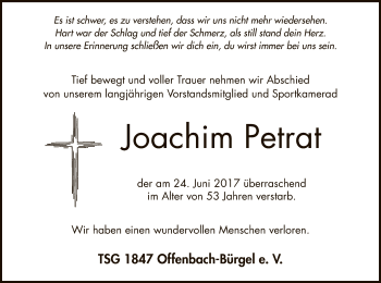 Todesanzeige von Joachim Petrat von Offenbach