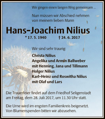 Todesanzeige von Hans-Joachim Nilius von Offenbach