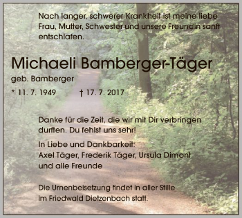Todesanzeige von Michaeli Bamberger-Täger von Offenbach