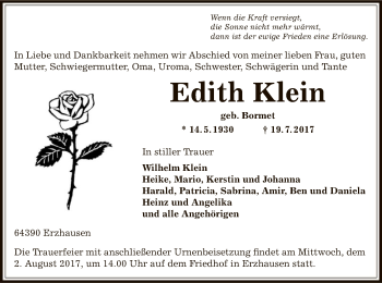 Todesanzeige von Edith Klein von Offenbach
