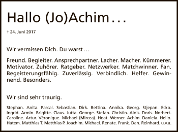 Todesanzeige von Joachim Petrat von Offenbach