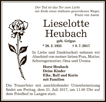 Todesanzeige von Lieselotte Heubach von Offenbach