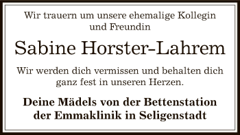 Todesanzeige von Sabine Horster-Lahrem von Offenbach
