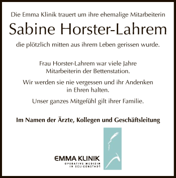 Todesanzeige von Sabine Horster-Lahrem von Offenbach