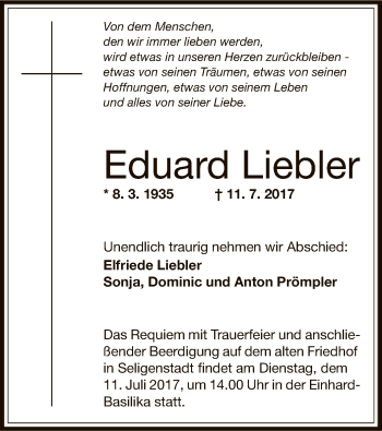 Todesanzeige von Eduard Liebler von Offenbach