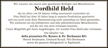 Todesanzeige von Nordhild Held von Offenbach