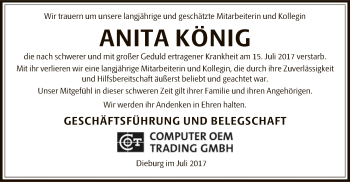 Todesanzeige von Anita König von Offenbach