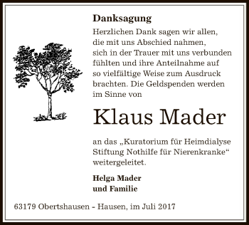 Todesanzeige von Klaus Mader von Offenbach