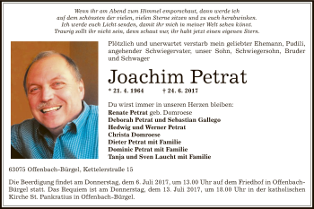 Todesanzeige von Joachim Petrat von Offenbach
