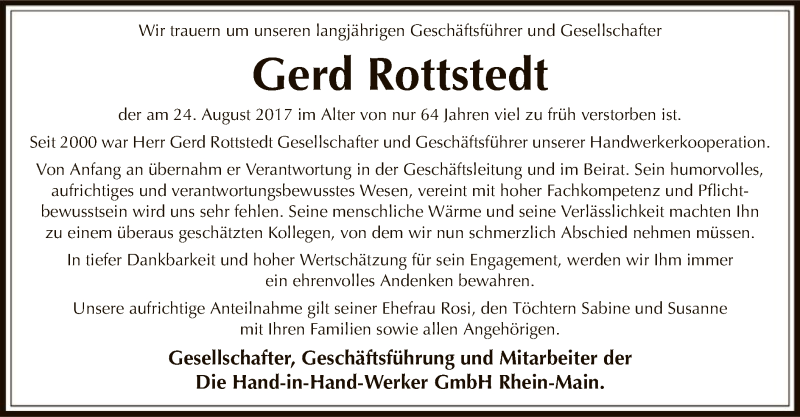  Traueranzeige für Gerd Rottstedt vom 30.08.2017 aus Offenbach
