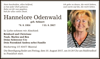Todesanzeige von Hannelore Odenwald von Offenbach